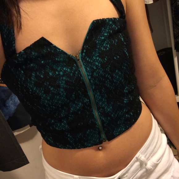 Lace overlay zipper crop teal black punk festival - Picture 1 of 3